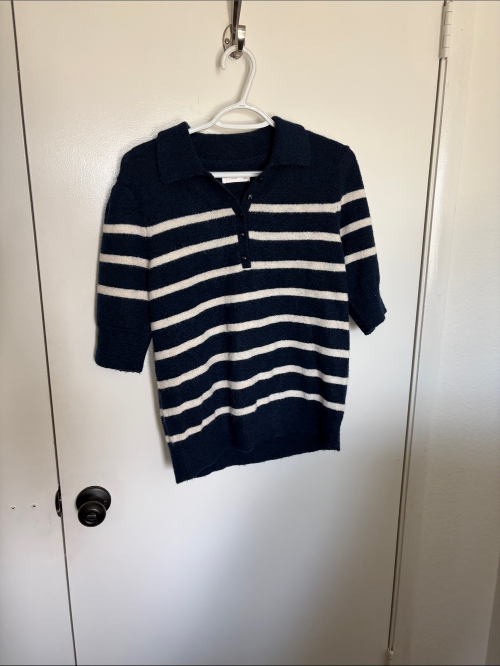 LC Lauren Conrad Navy and White Striped V-Neck Polo Sweater